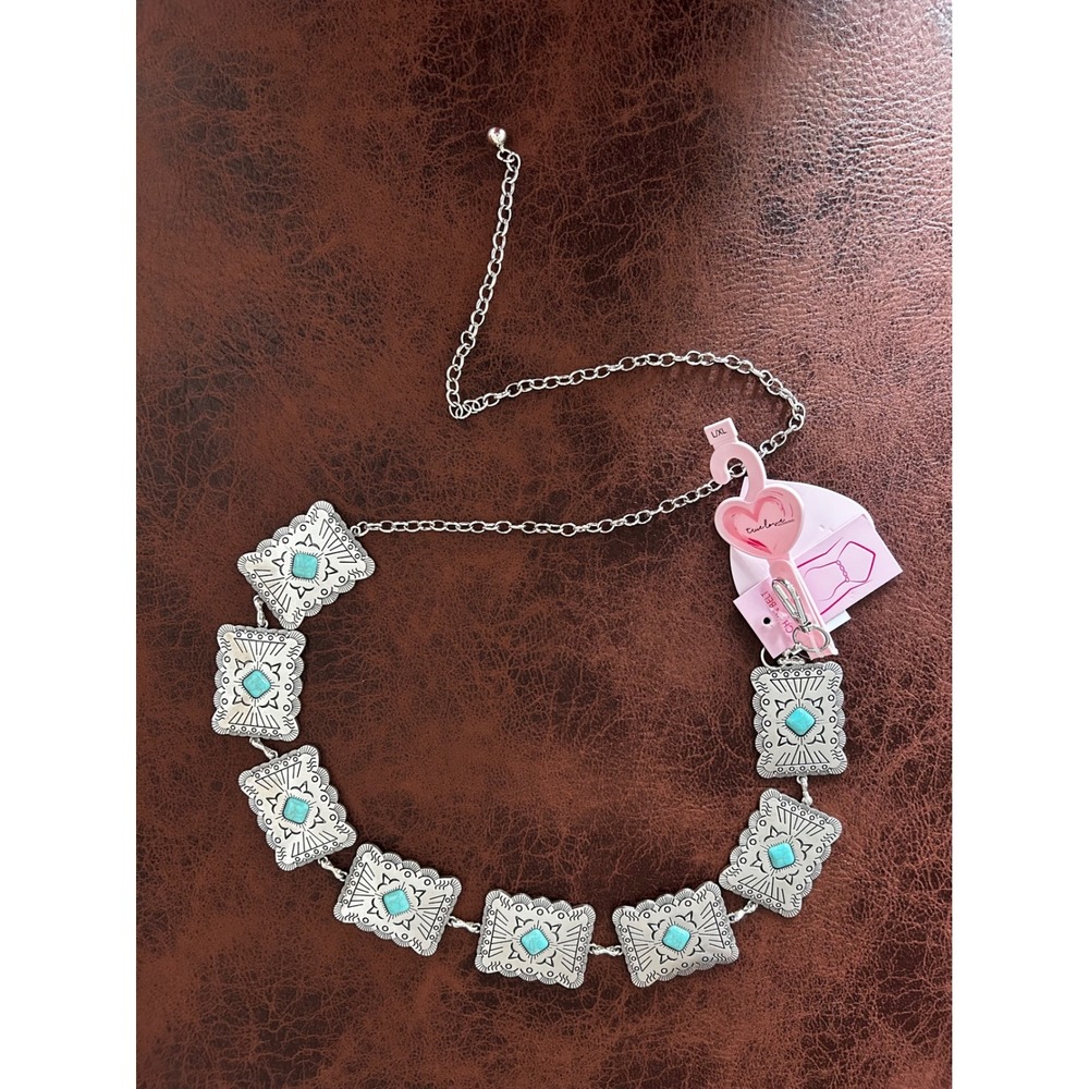 True Love Accessories Silver Turquoise Concho Chain Belt Western Boho L/XL NEW